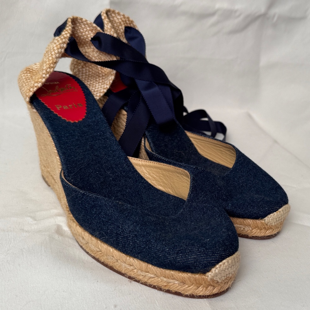 Christian Louboutin Navy and Tan Espadrille Wedges With Ribbon Ankle Ties